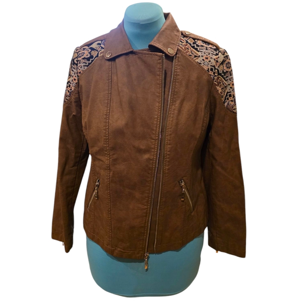 Chico's - Petite Faux-Leather Jacquard Moto Jacket - Brown - Size 1